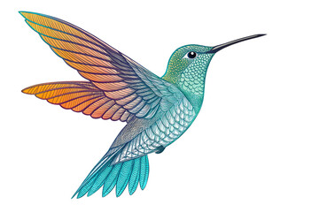 Obraz premium Vibrant Stylized Hummingbird in Mid-Flight – Modern Digital Art with Teal, Orange, and Green