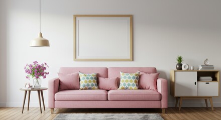 A living room featuring a pink sofa, a blank framed picture, and a side table with flowers and decor