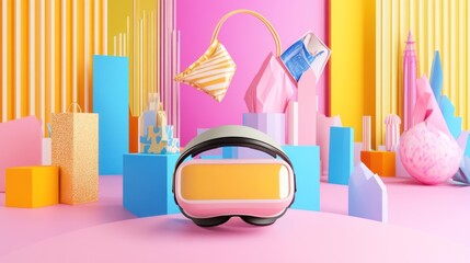 VR headset in a vibrant, geometric, playful scene
