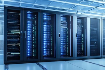Rows of server racks in a modern data center, illuminated by blue lights  Detailed server components visible inside the racks