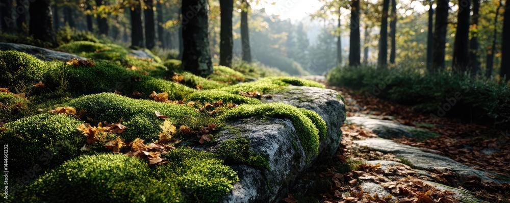 Aufkleber green moss between grass and forest with relax mood concept. tranquil forest scene with moss-covered