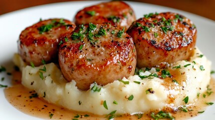 Mashed Potatoes with Sausages, Herb Garnish and Comforting Meal