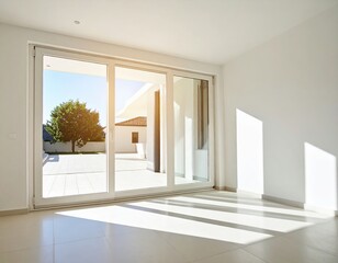 A bright room featuring pristine white walls, large windows allowing natural light to flood in, and a cozy atmosphere perfect for relaxation or creativity.