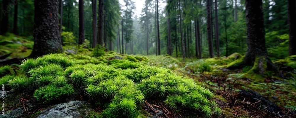 Poster green moss between grass and forest with relax mood concept. a tranquil forest scene showcasing lush