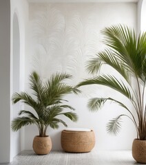 Fototapeta premium A bright, airy white room features two tall, lush palm trees, their vibrant green fronds contrasting beautifully with the minimalist decor.