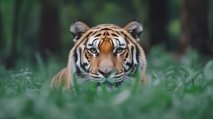 Obraz premium Majestic tiger in lush green grass