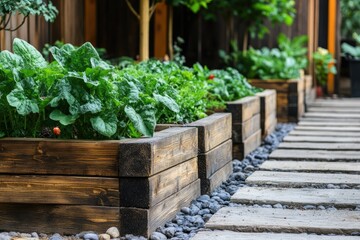 Wooden raised garden beds filled with vibrant greens and vegetables  A pathway of paving stones winds through the garden
