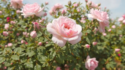 A breathtaking close-up showcases a delicate pink rose in full bloom among a lush garden of similar roses on a bright sunny day.
