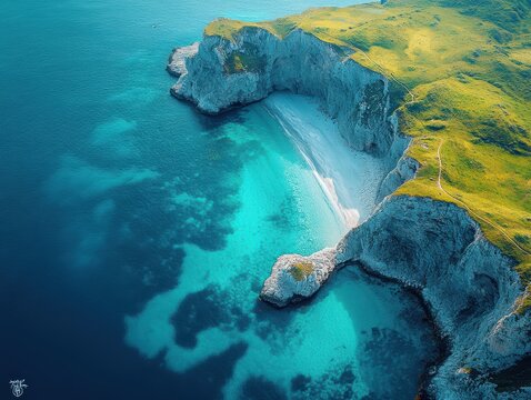 Aerial view of a serene coastal landscape with cliffs and turquoise waters