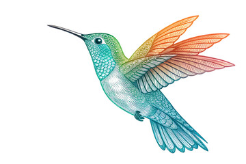 Fototapeta premium Vibrant Stylized Hummingbird in Mid-Flight – Modern Digital Art with Teal, Orange, and Green