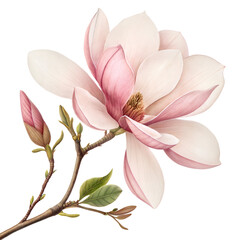 Fototapeta premium Soft pastel magnolia flower vector with budding branches and green leaves, ideal for botanical wall art, romantic wedding invitations, spring floral decor, feminine branding, and nature-themed crafts 