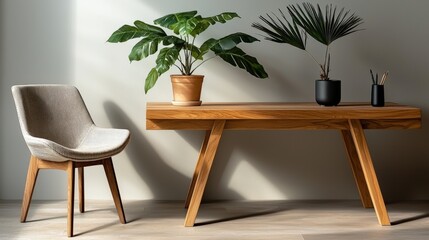 Minimalist scandinavian workspace with wood elements modern design indoor setting natural light aesthetic appeal