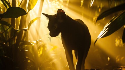 Fossa prowling through the dense jungles of Madagascar its sleek body lit by beams of sunlight breaking through the canopy