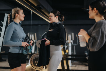 Three women relaxing and having a friendly discussion in a gym, conveying social activity, fitness,...