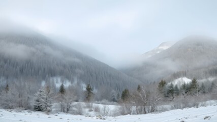 A serene winter landscape reveals snow covered mountains shrouded in mist and fog above a snow covered valley.