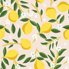 Vintage yellow lemons hand drawing. abstract fruit, seamless pattern.