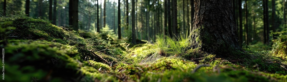 Aufkleber green moss in forest with peaceful relax mood concept. lush forest with sunlight filtering through t