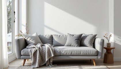 gray sofa next to window with blanket and fur decor, soft scandinavian style via ai rendering.