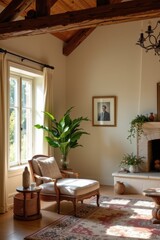rustic country house living room with sunlight and beige walls, cozy lounge chair near window.