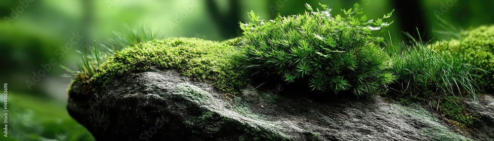Aufkleber green moss between grass and forest with relax mood concept. lush green moss covers a textured stone