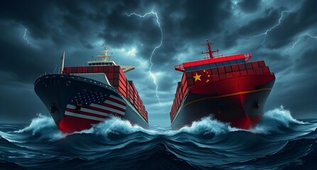 US China Trade Conflict with Container Ships for Global Economics Articles,container ships clash, global economics illustration, international trade dispute, usa china commerce, maritime trade tension