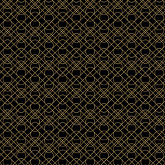 Abstract geometric pattern with crosses, stripes, lines. Seamless vector background. Black and gold ornament. Modern reticulated graphic design.