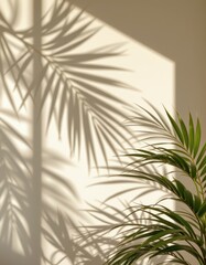 Obraz premium palm leaf shadows on a cream wall forming a minimalistic, warm toned background ideal for product staging.