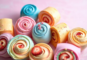 Pastel background, colorful cake rolls with swirled fillings, sprinkles, fruit slices, sprinkles, blueberry