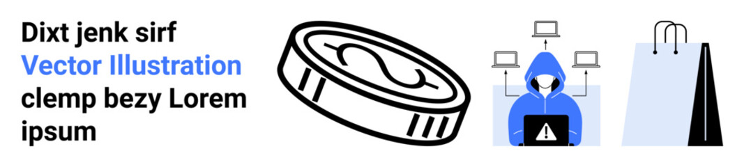 Hacker in a hoodie using a laptop with alert symbol, digital coin emphasizing cryptocurrency, shopping bags hinting at online business risks. Ideal for cybersecurity, hacking, e-commerce risks