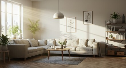 Bright living room featuring a sectional sofa, wooden coffee table, and a bookshelf with plants