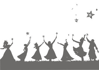 collection of silhouettes of witch women raising magic wands up against a transparent background