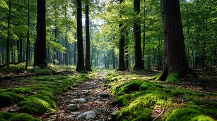 Obraz premium Green moss under forest light with peaceful mood concept. A serene forest pathway surrounded by lush green trees.