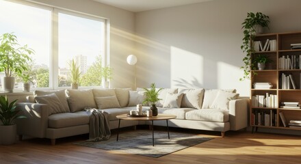 Fototapeta premium A sunlit living room featuring a large sectional sofa, round coffee table, and a full bookshelf decor