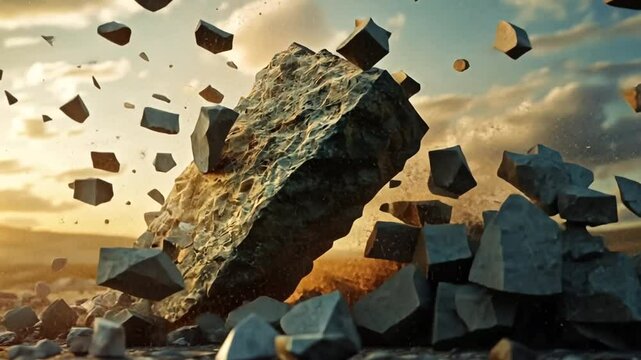 Dramatic stone shattering effect against a sunrise landscape, with flying debris in slow motion