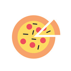 Pizza slice icon. Piece of pizza peperoni vector illustration. Pizzeria logo. Salami pizza symbol.