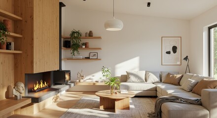 Fototapeta premium A bright living room with a modern fireplace, couch, and wooden accents in a cozy and inviting space