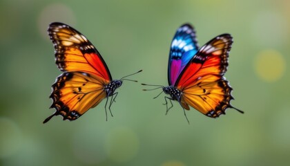 Obraz premium two vivid multicolored butterflies in flight with wings spread, isolated on white, close up macro for decorative use.