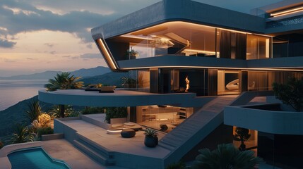 Fototapeta premium Futuristic home with angular architecture coastal view modern design sunset ambience creative aesthetic