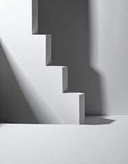 A bright white staircase ascends gracefully, casting intricate shadows on the adjacent wall, creating a striking contrast and a sense of depth.