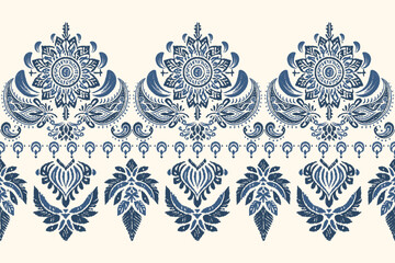 Motifs African boho paisley in a blue on white background. Floral Ikat pattern embroidery border.Ethnic floral Indian seamless.Aztec traditional textile design. Illustration for fabric, textiles