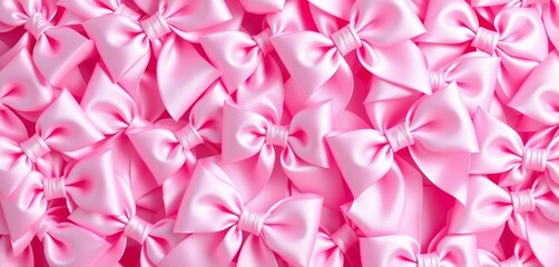Pink satin bows, overlapping and layered, forming a delicate, repeating pattern, pretty, retro