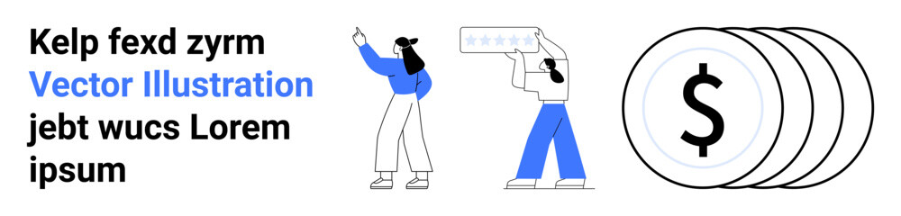 Two characters communicating with speech bubbles, large dollar coins symbolize finance, revenue, and collaboration. Ideal for business, finance themes, marketing, teamwork, investment presentations