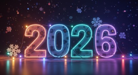 Futuristic Neon 2026 New Year s Eve Digital Countdown with Lights and Snowflakes