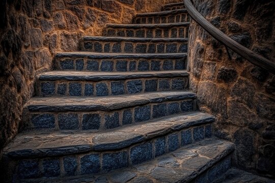Winding stone staircase within a rustic stone wall  The steps are dark gray stone, and the wall is a warm brownish-gray A metal handrail is visible - Powered by Adobe