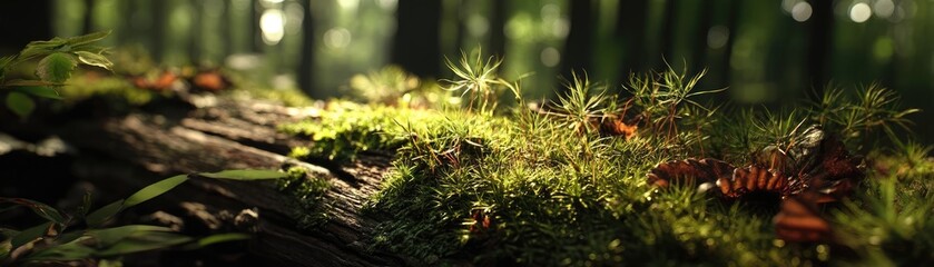 Green moss under forest light with peaceful mood concept. A serene forest scene showcasing moss-covered log and greenery.
