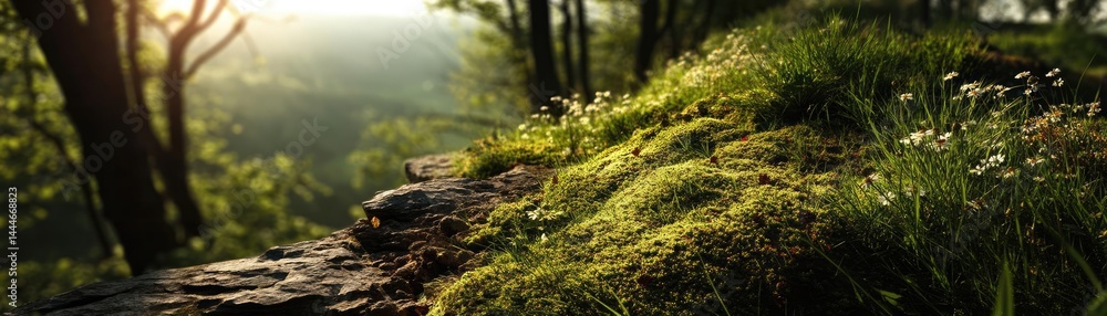 Aufkleber green moss between grass and forest with relax mood concept. lush green moss with sunlit forest back