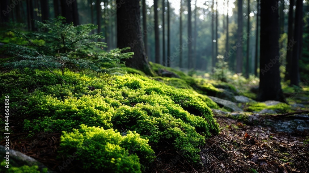 Aufkleber green moss under forest light with peaceful mood concept. lush green moss in a tranquil forest setti