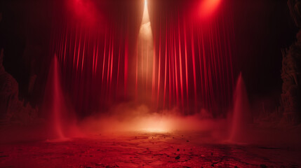 Dramatic red curtain under spotlight, evoking theatrical intensity and anticipation