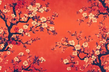 A seamless pattern of stylized red blossoms