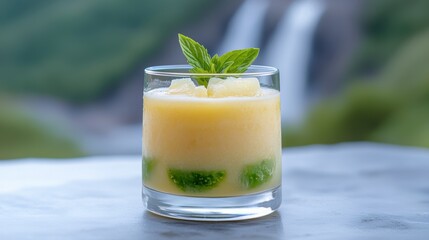 Fototapeta premium A refreshing yellow drink with ice, mint leaves, and pineapple, served in a glass with a natural, scenic background.